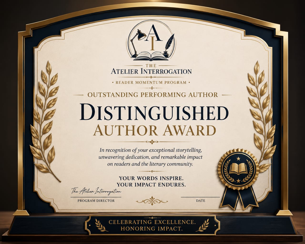 The Outstanding Performing Author Distinguished Author Award plaque